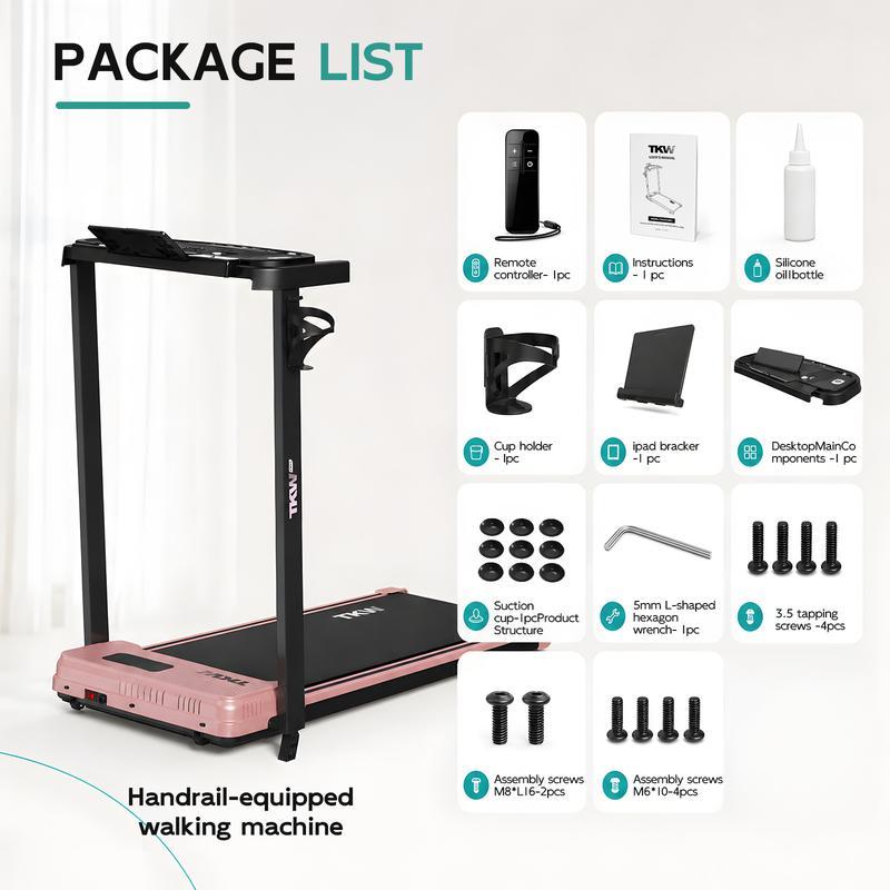 Cinta de correr TKW 3 en 1, color rosa, ligera, con motor silencioso, control remoto y ruedas para facilitar la movilidad, pantalla LED y función de vibración.