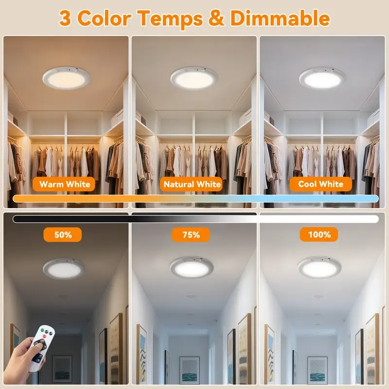 Lámparas de techo LED recargables GIVRYES, paquete de 2, 3 modos de color, sensor de movimiento con control remoto, iluminación inalámbrica magnética a batería, sensor automático y puerto de carga para armario, porche, luces LED