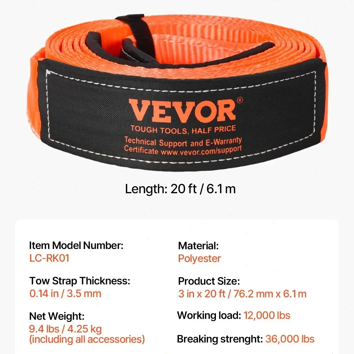 Kit de correas de remolque VEVOR de alta resistencia de 36,000 lbs, 20 pies, poliéster, para automóviles y motocicletas.