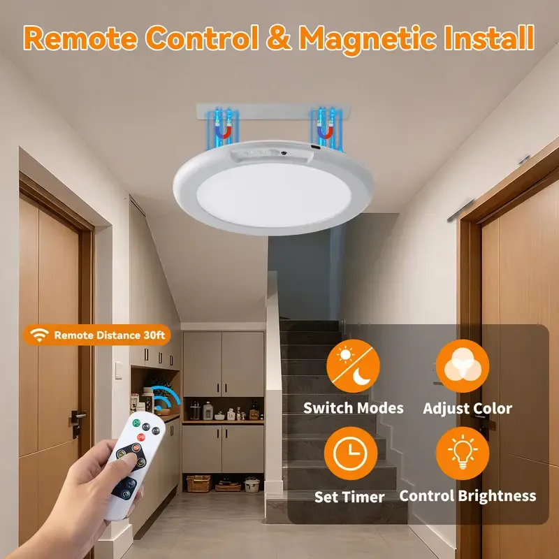 Lámparas de techo LED recargables GIVRYES, paquete de 2, 3 modos de color, sensor de movimiento con control remoto, iluminación inalámbrica magnética a batería, sensor automático y puerto de carga para armario, porche, luces LED