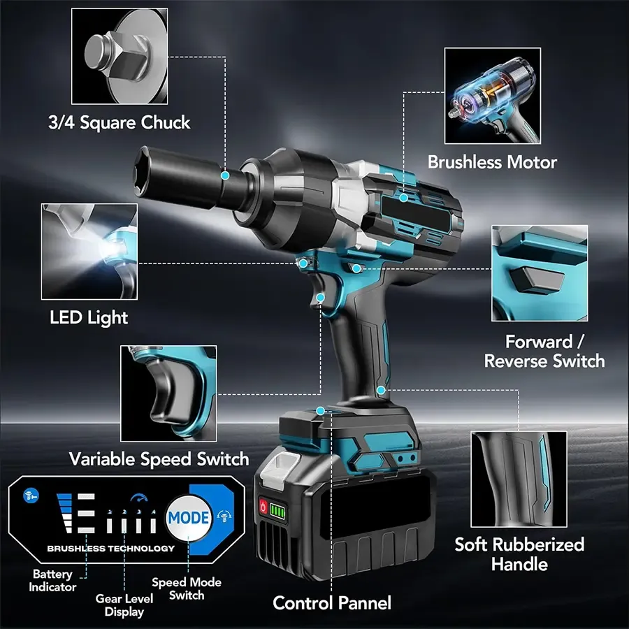 Llave de impacto inalámbrica 3 en 1 de 750 N·m