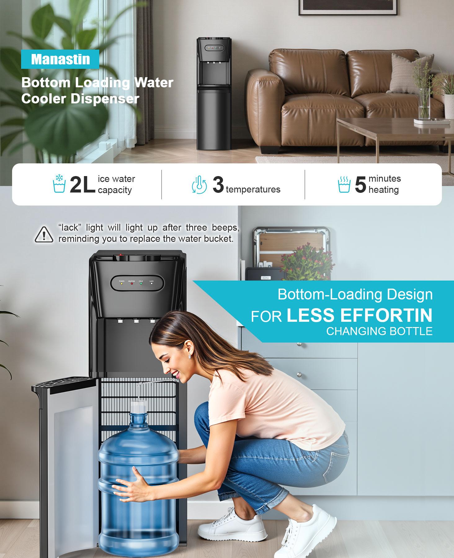 MANASTIN Bottom Loading Water Cooler Dispenser for 3/5 Gallon Bottles, Hot, Cold & Room Temperature Water, Compressor Cooling, Child Safety Lock, for Home & Office