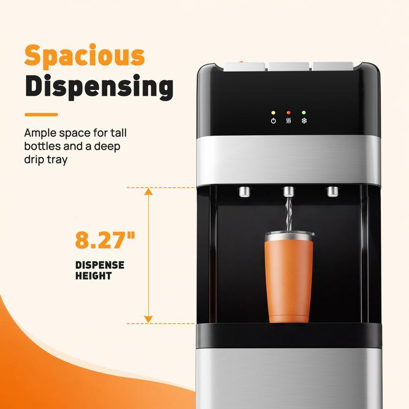 Dispensador de agua Sweetcrispy de 5 galones con carga inferior, de acero inoxidable, 3 ajustes de temperatura (caliente, ambiente, fría), bloqueo de seguridad para niños, control de temperatura para dispensadores y enfriadores de agua automáticos en el h