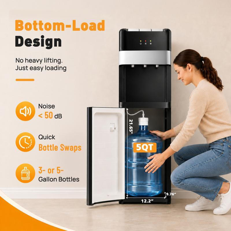 Dispensador de agua Sweetcrispy de 5 galones con carga inferior, de acero inoxidable, 3 ajustes de temperatura (caliente, ambiente, fría), bloqueo de seguridad para niños, control de temperatura para dispensadores y enfriadores de agua automáticos en el h