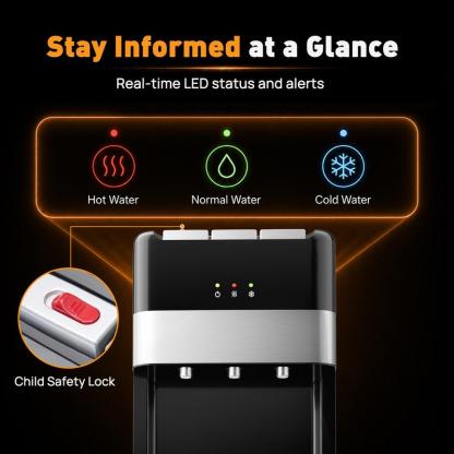 Dispensador de agua Sweetcrispy de 5 galones con carga inferior, de acero inoxidable, 3 ajustes de temperatura (caliente, ambiente, fría), bloqueo de seguridad para niños, control de temperatura para dispensadores y enfriadores de agua automáticos en el h