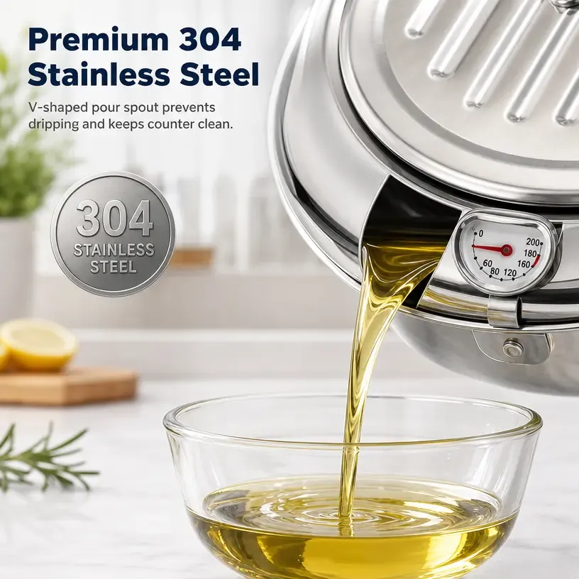 Freidora de acero inoxidable 304 con termómetro y boquilla de derivación, 3,4 L/2,2 L
