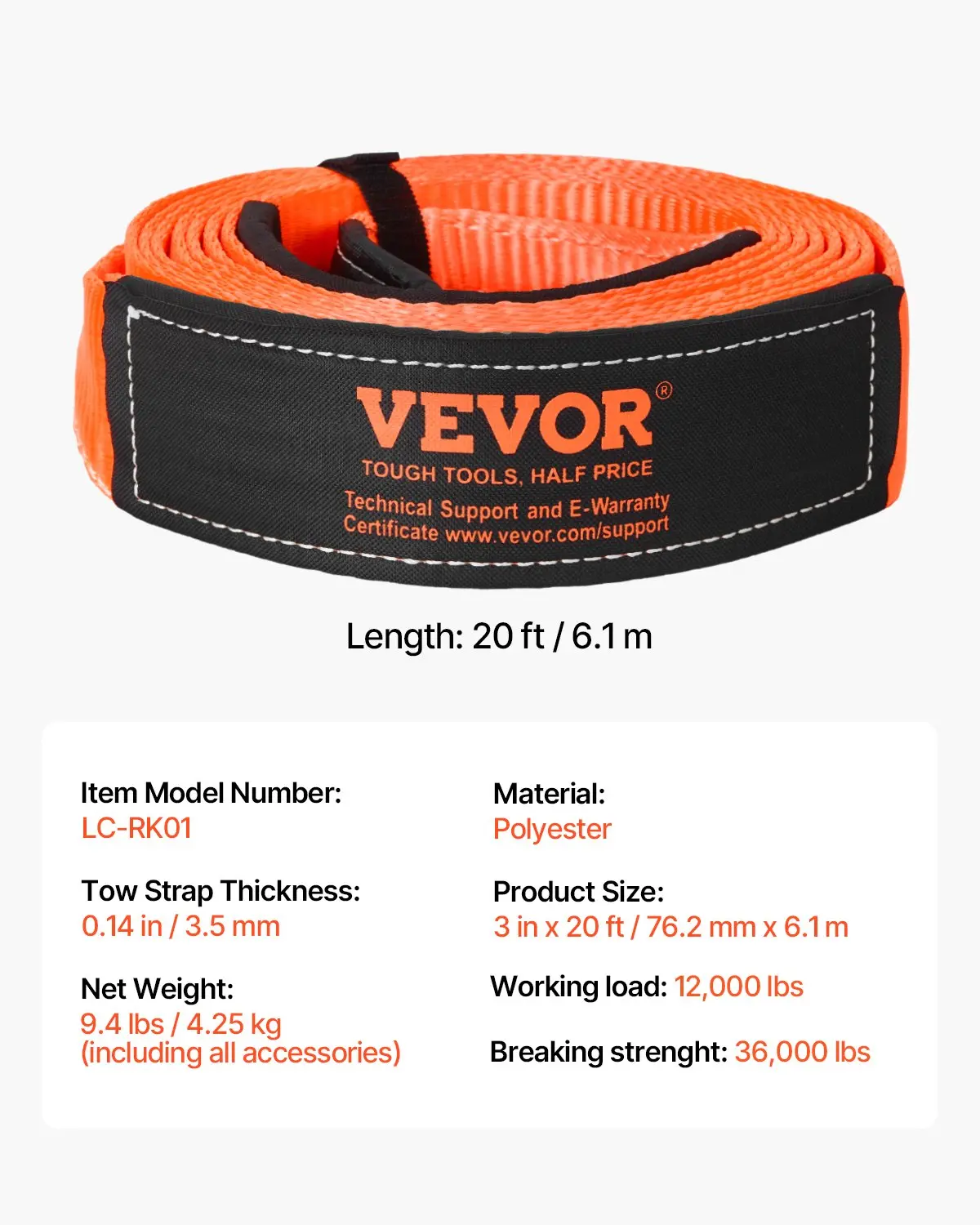 Kit de correas de remolque VEVOR de alta resistencia de 36,000 lbs, 20 pies, poliéster, para automóviles y motocicletas.