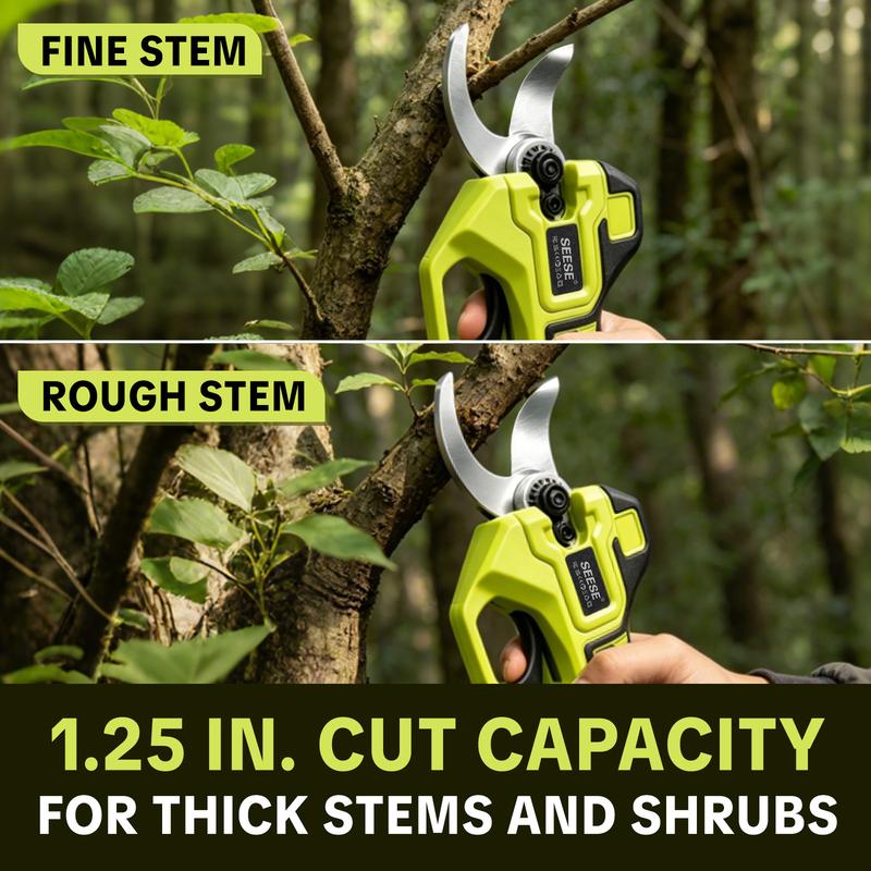 Tijeras de podar eléctricas SEESE para jardinería: tijeras de podar inalámbricas de 3,17 cm (1,25") de corte, motor sin escobillas, batería doble de 21 V para podar árboles y flores.