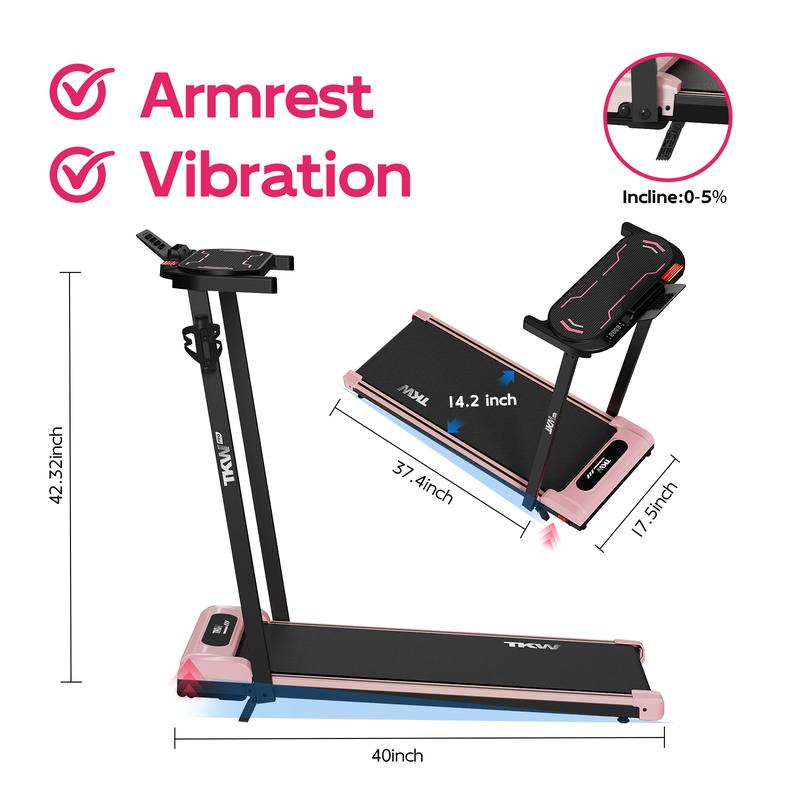 Cinta de correr TKW 3 en 1, color rosa, ligera, con motor silencioso, control remoto y ruedas para facilitar la movilidad, pantalla LED y función de vibración.