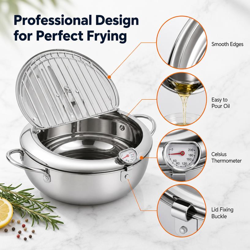 304 Grade Stainless Steel Deep Fryer Pot - Japanese Style, with Thermometer, Oil Drip Drainer Rack, Temp Control, Induction Safe for Gas Stoves, French Fries, Chicken Wings