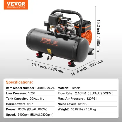 Compresor de aire VEVOR de 13 galones, 2 HP, 4.6 SCFM a 90 PSI, sin aceite, ultra silencioso (66 dB) para inflado de neumáticos, reparación de automóviles, clavado en carpintería y pintura con pistola (presión máx. de 125 PSI)