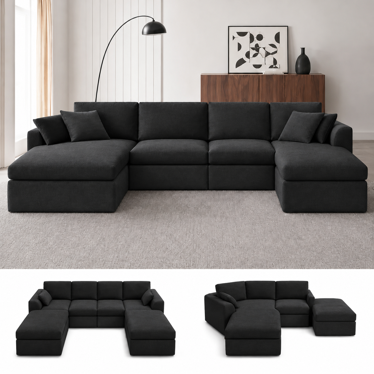 Sofá modular seccional en forma de L de 108 pulgadas, sin estructura, de tela, con otomana, sofá nube comprimido que no requiere montaje, cómodo mueble de apartamento con múltiples asientos para sala de estar familyfun