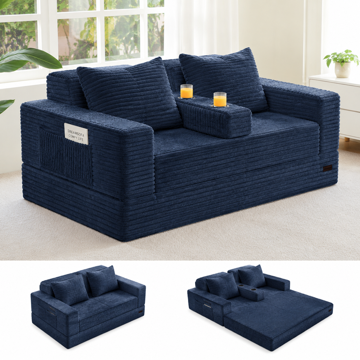 Sofá cama Loveseat, sofá plegable de 64 pulgadas en una caja con 2 portavasos, sofá convertible 4 en 1, sillón reclinable plegable para sala de estar, no requiere ensamblaje, sofá cama | Sala de estar | Falldealsforyou