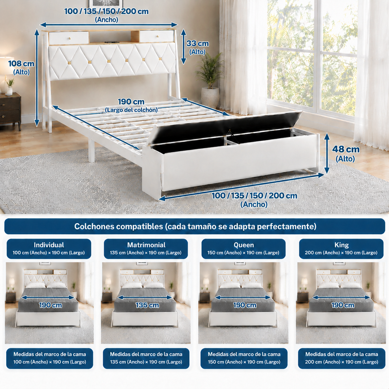 Estructura de cama con banco de almacenamiento, estación de carga y otomana; cama de plataforma de metal con cabecero con espacio de almacenamiento, cabecero de cuero de lujo, listones de alta resistencia, no requiere somier, fácil montaje