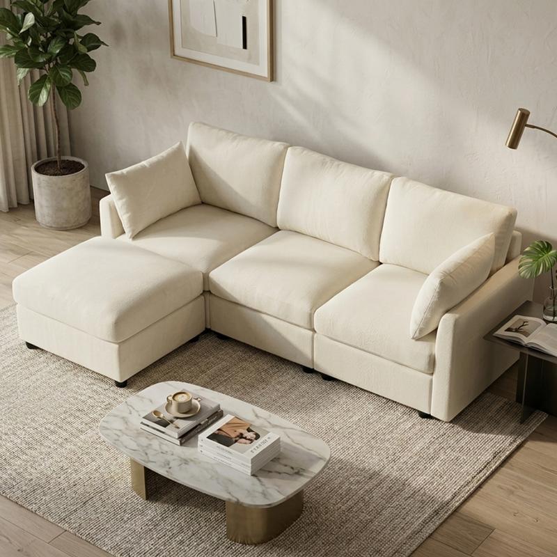 Conjunto de sofá modular en forma de L estilo «nube» – Sofá seccional de chenilla con otomana, cojines con muelles ensacados, diseño reconfigurable, tejido resistente a la formación de bolitas; mueble de salón moderno en color beige con asientos profundos