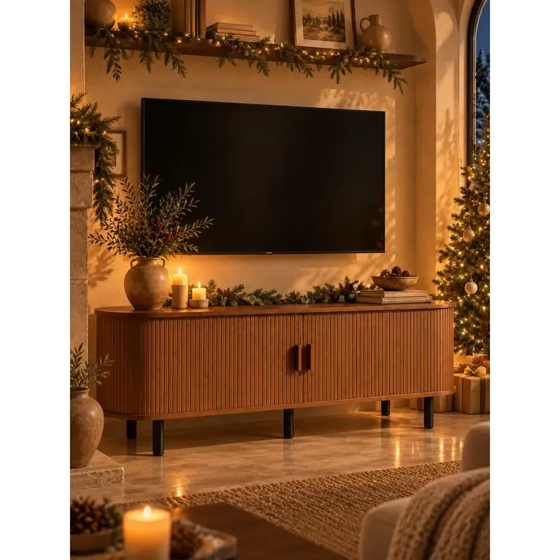 ONBRILL Modern Fluted TV Stand for Up to 70-Inch TVs - Sliding Doors and Storage