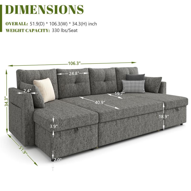 Sofá cama extragrande, sofá convertible 2 en 1 de 106 pulgadas con chaise longue y doble espacio de almacenamiento, sofá cama modular con bolsillo lateral para la sala de estar #sofácama