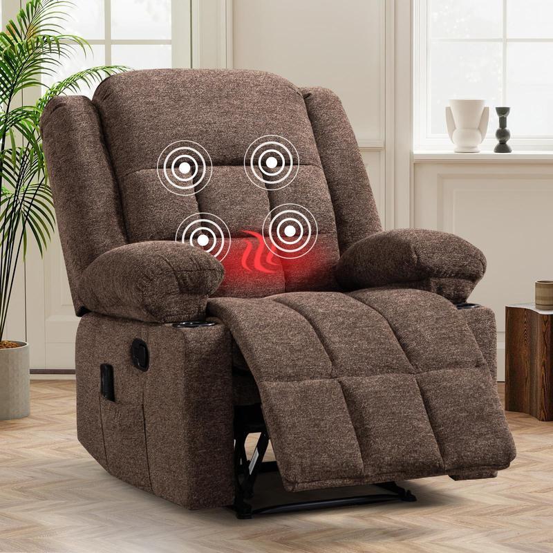 Sillón reclinable manual con masaje y calor, sillón de tela con portavasos y bolsillos de almacenamiento, cómodo y transpirable para la sala de estar