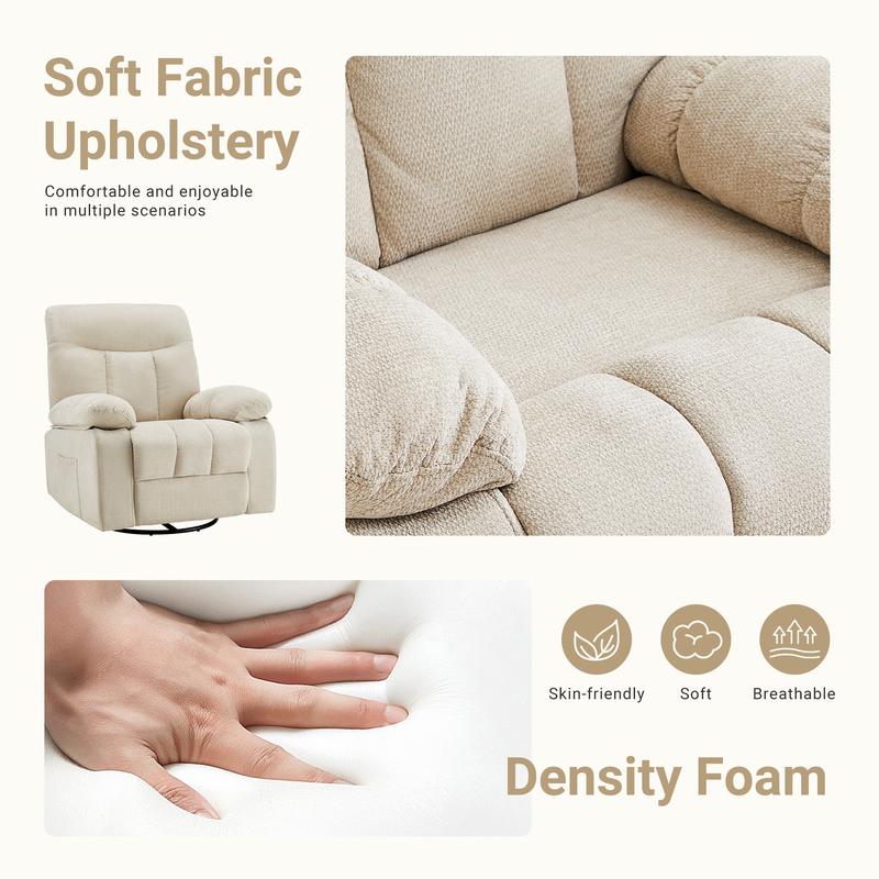 Sillón reclinable, giratorio y mecedora, de hierro resistente y estilo clásico; cuenta con rotación de 270°, tapizado en tela tipo chenilla, masaje por vibración, calefacción lumbar, reposapiés y temporizador; ideal para sala de estar y dormitorio.