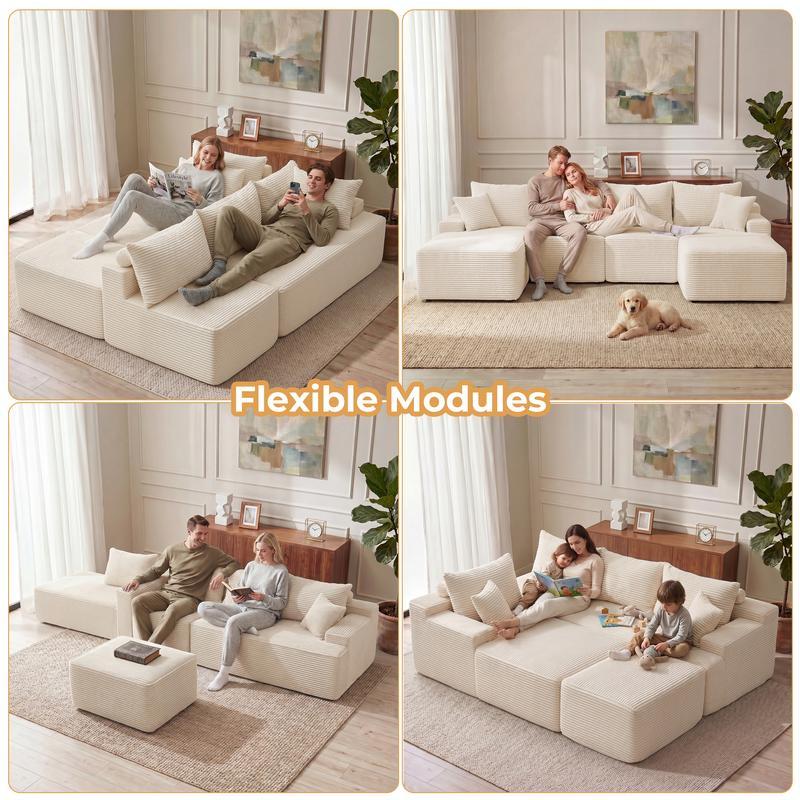 【1-2 paquetes】Sofá cama modular en forma de U/L de 118 pulgadas (sin estructura rígida), incluye 2 cojines; sofá modular extragrande de 6 plazas, cómodo sofá tipo «nube» tapizado en pana con asientos profundos, mullido y acogedor para la sala de estar; no