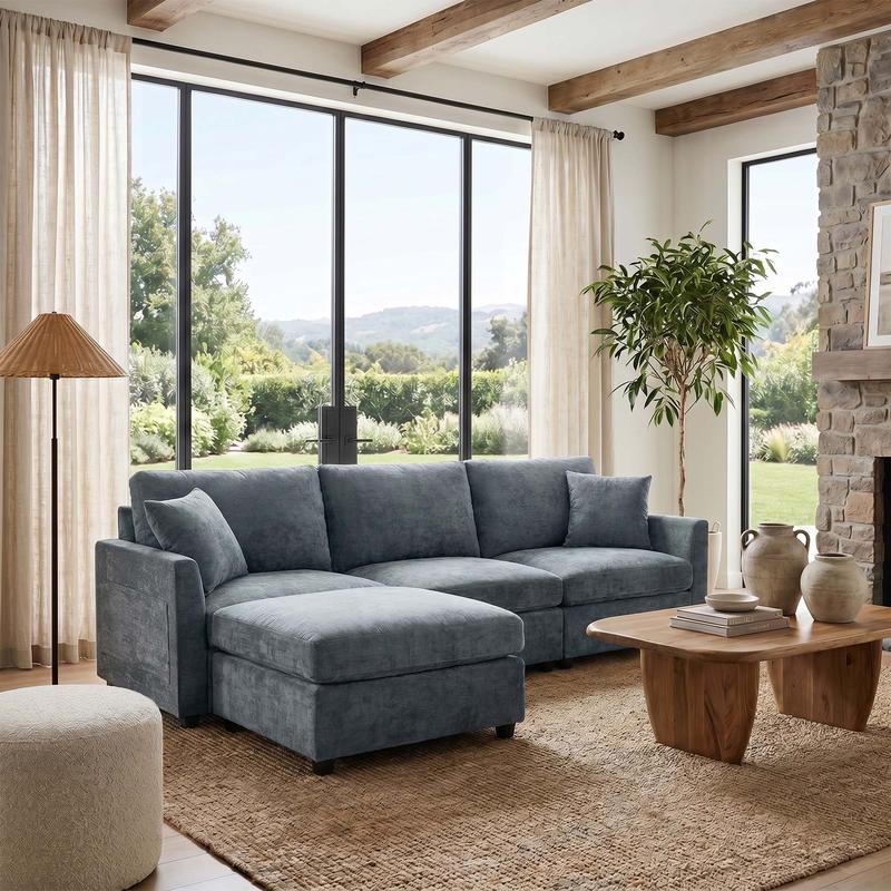 Conjunto de sofá modular en forma de L estilo «nube» – Sofá seccional de chenilla con otomana, cojines con muelles ensacados, diseño reconfigurable, tejido resistente a la formación de bolitas; mueble de salón moderno en color beige con asientos profundos