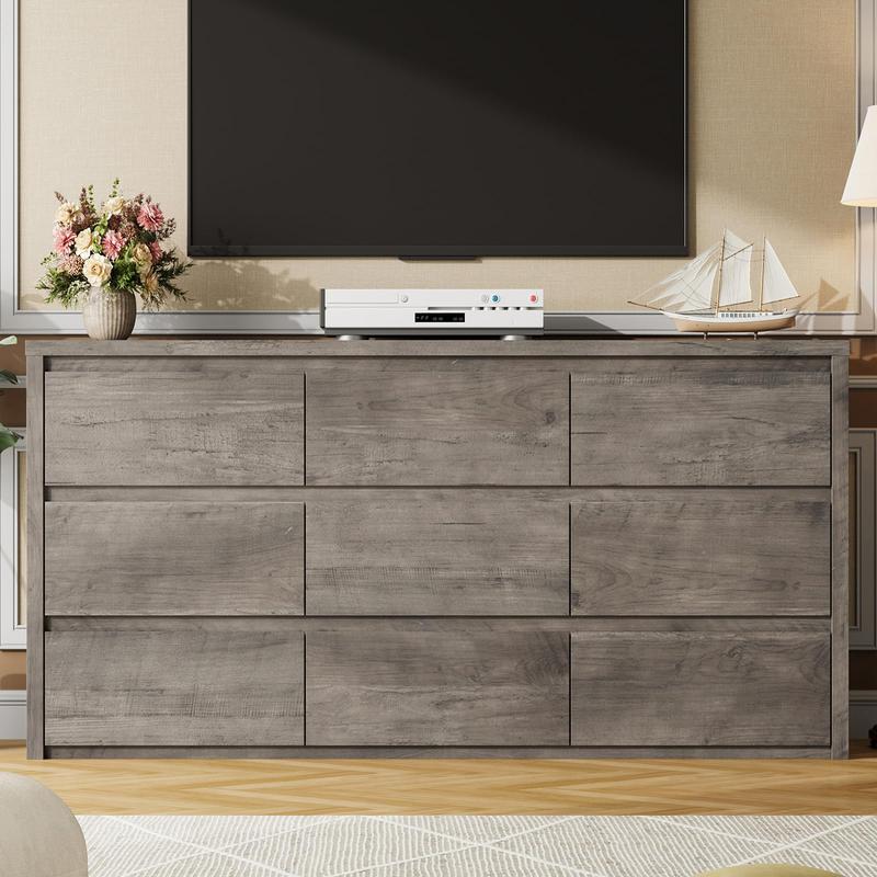 Cómoda de 7 o 9 cajones para dormitorio, mueble ancho de madera con diseño sin tiradores, armario de almacenamiento moderno para sala de estar o recibidor; cómoda práctica y elegante, mueble de almacenamiento con cajones.
