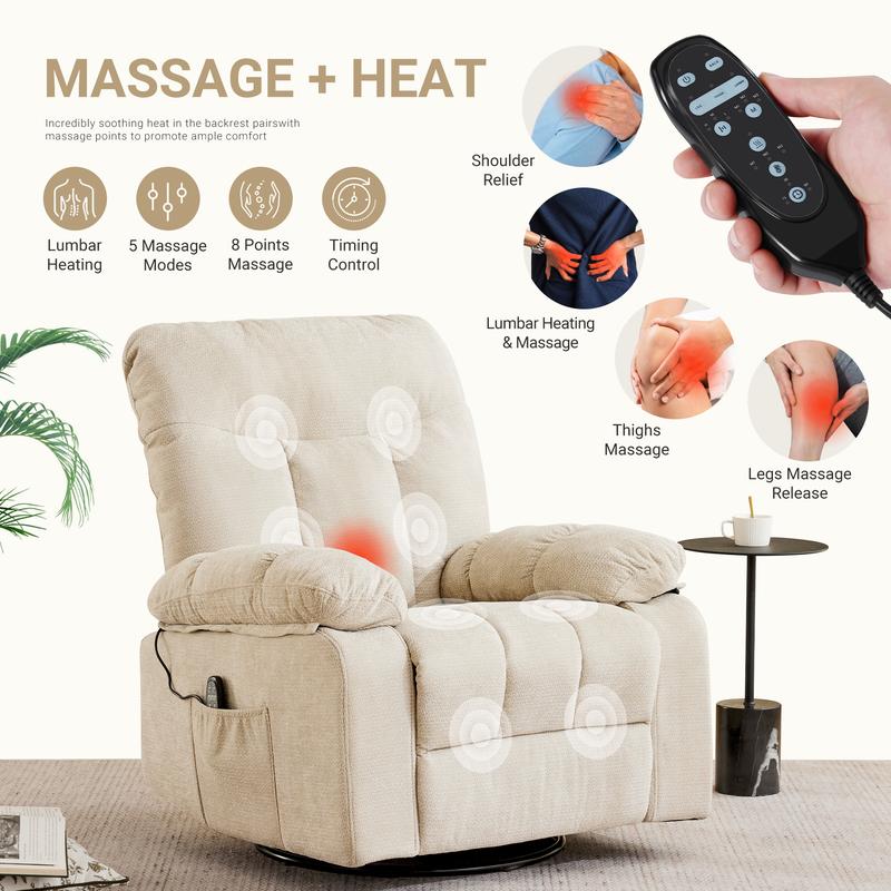 Sillón reclinable, giratorio y mecedora, de hierro resistente y estilo clásico; cuenta con rotación de 270°, tapizado en tela tipo chenilla, masaje por vibración, calefacción lumbar, reposapiés y temporizador; ideal para sala de estar y dormitorio.
