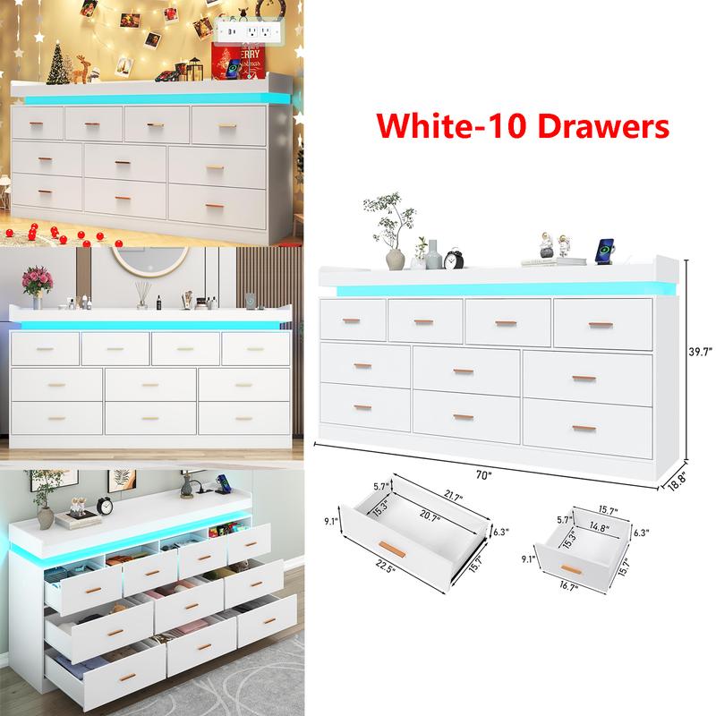 Cómoda con luz LED y estación de carga, mueble con cajones de estilo moderno para armario, organizador de cajones amplio para dormitorio, sala de estar, entrada o pasillo