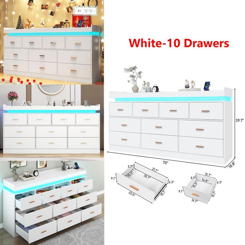 Cómoda con luz LED y estación de carga, mueble con cajones de estilo moderno para armario, organizador de cajones amplio para dormitorio, sala de estar, entrada o pasillo