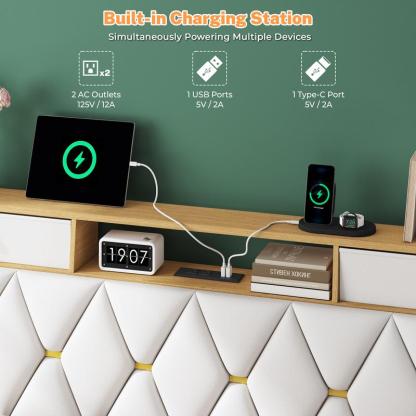 Estructura de cama con banco de almacenamiento, estación de carga y otomana; cama de plataforma de metal con cabecero con espacio de almacenamiento, cabecero de cuero de lujo, listones de alta resistencia, no requiere somier, fácil montaje