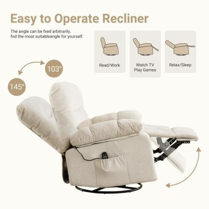 Sillón reclinable, giratorio y mecedora, de hierro resistente y estilo clásico; cuenta con rotación de 270°, tapizado en tela tipo chenilla, masaje por vibración, calefacción lumbar, reposapiés y temporizador; ideal para sala de estar y dormitorio.