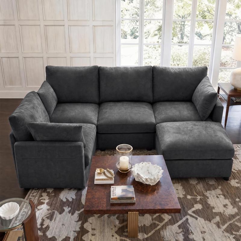 Conjunto de sofá modular en forma de L estilo «nube» – Sofá seccional de chenilla con otomana, cojines con muelles ensacados, diseño reconfigurable, tejido resistente a la formación de bolitas; mueble de salón moderno en color beige con asientos profundos
