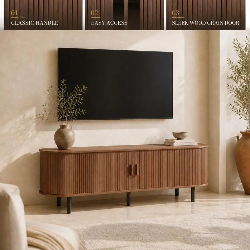 ONBRILL Modern Fluted TV Stand for Up to 70-Inch TVs - Sliding Doors and Storage