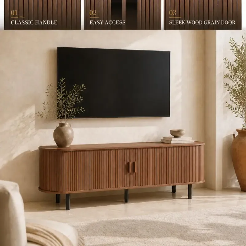 ONBRILL Modern Fluted TV Stand for Up to 70-Inch TVs - Sliding Doors and Storage