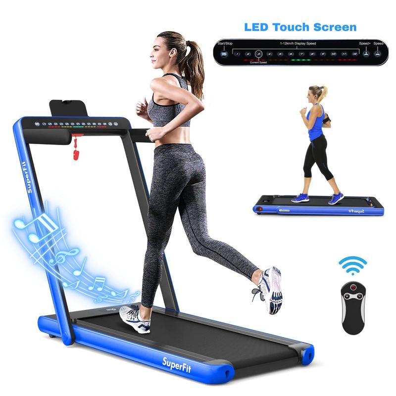 Cinta de correr 2 en 1, cinta eléctrica para caminar o trotar (hasta 7,5 mph/12 km/h) diseñada para usar bajo el escritorio; incluye doble pantalla, altavoz Bluetooth, aplicación móvil y control remoto. Dispositivo portátil de velocidad ajustable, ideal p