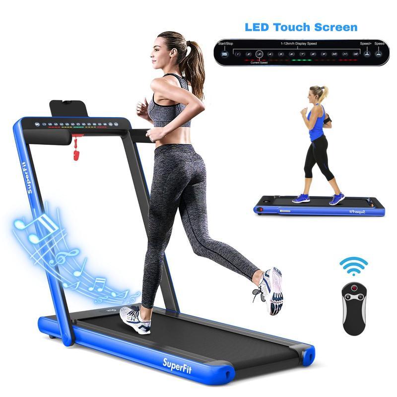 Cinta de correr 2 en 1, cinta eléctrica para caminar o trotar (hasta 7,5 mph/12 km/h) diseñada para usar bajo el escritorio; incluye doble pantalla, altavoz Bluetooth, aplicación móvil y control remoto. Dispositivo portátil de velocidad ajustable, ideal p