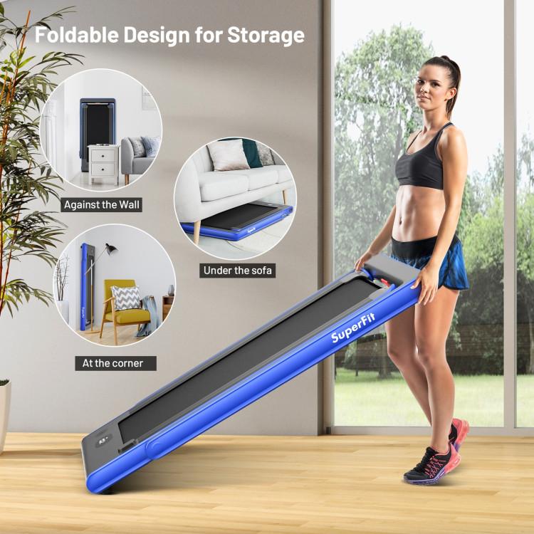 Cinta de correr 2 en 1, cinta eléctrica para caminar o trotar (hasta 7,5 mph/12 km/h) diseñada para usar bajo el escritorio; incluye doble pantalla, altavoz Bluetooth, aplicación móvil y control remoto. Dispositivo portátil de velocidad ajustable, ideal p