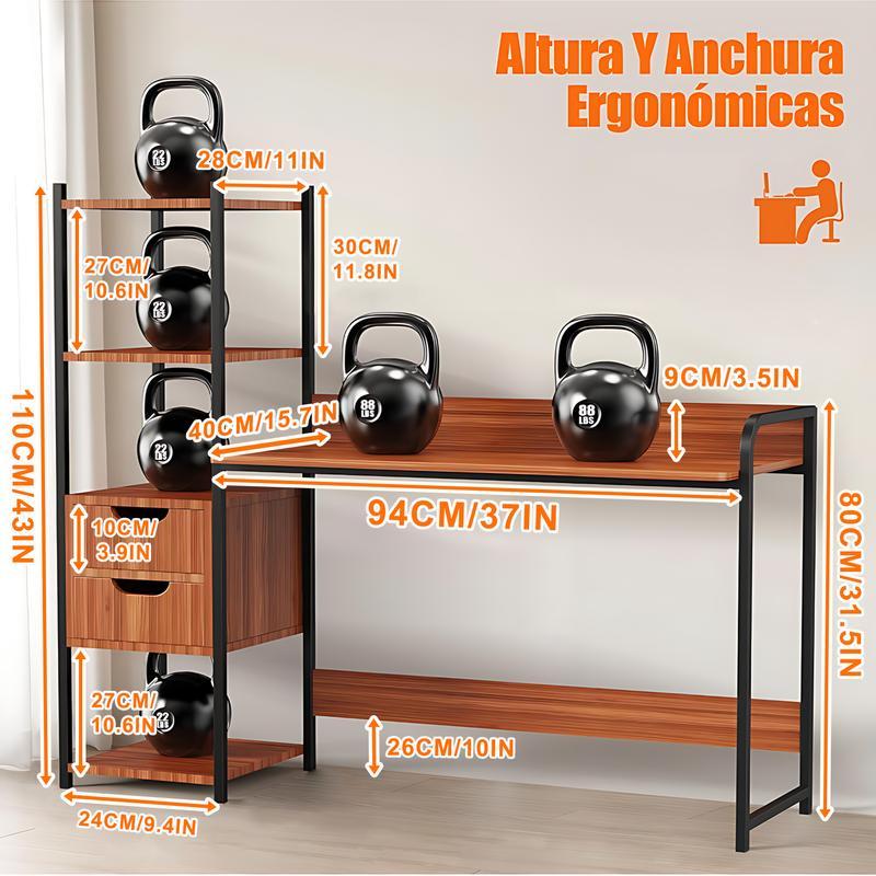 Escritorio para Computadora con Estantería y 2 Cajones, Mesa de Oficina con Almacenamiento, Estructura Metálica, Escritorio Multifuncional para Home Office