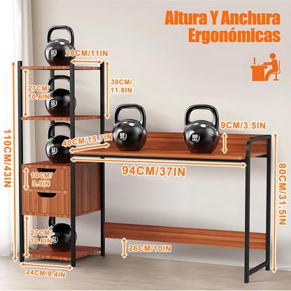 Escritorio para Computadora con Estantería y 2 Cajones, Mesa de Oficina con Almacenamiento, Estructura Metálica, Escritorio Multifuncional para Home Office