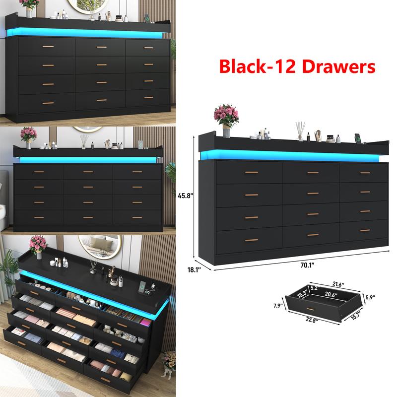 Cómoda con luz LED y estación de carga, mueble con cajones de estilo moderno para armario, organizador de cajones amplio para dormitorio, sala de estar, entrada o pasillo