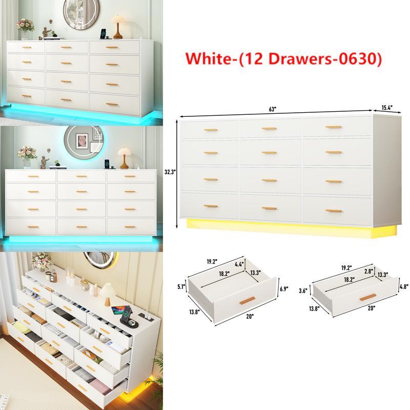 Cómoda con luz LED y estación de carga, mueble con cajones de estilo moderno para armario, organizador de cajones amplio para dormitorio, sala de estar, entrada o pasillo