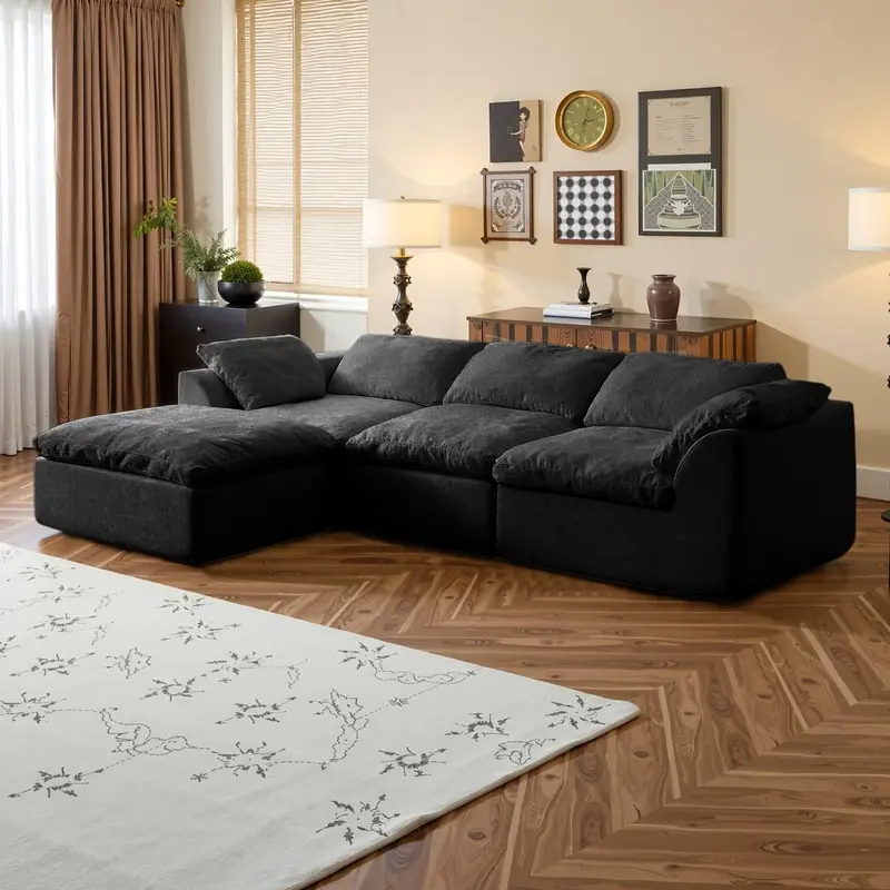 Sofá modular seccional en forma de L de 108 pulgadas, sin estructura, de tela, con otomana, sofá nube comprimido que no requiere montaje, cómodo mueble de apartamento con múltiples asientos para sala de estar familyfun
