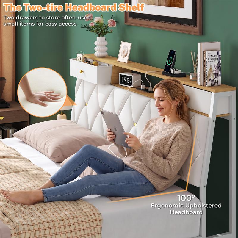 Estructura de cama con banco de almacenamiento, estación de carga y otomana; cama de plataforma de metal con cabecero con espacio de almacenamiento, cabecero de cuero de lujo, listones de alta resistencia, no requiere somier, fácil montaje