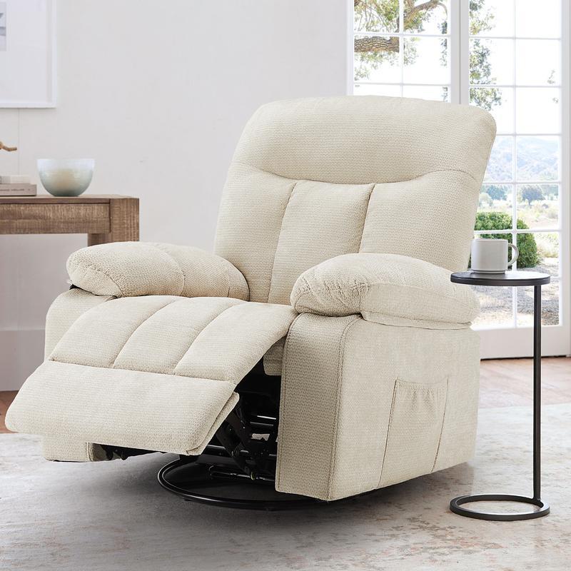 Sillón reclinable, giratorio y mecedora, de hierro resistente y estilo clásico; cuenta con rotación de 270°, tapizado en tela tipo chenilla, masaje por vibración, calefacción lumbar, reposapiés y temporizador; ideal para sala de estar y dormitorio.