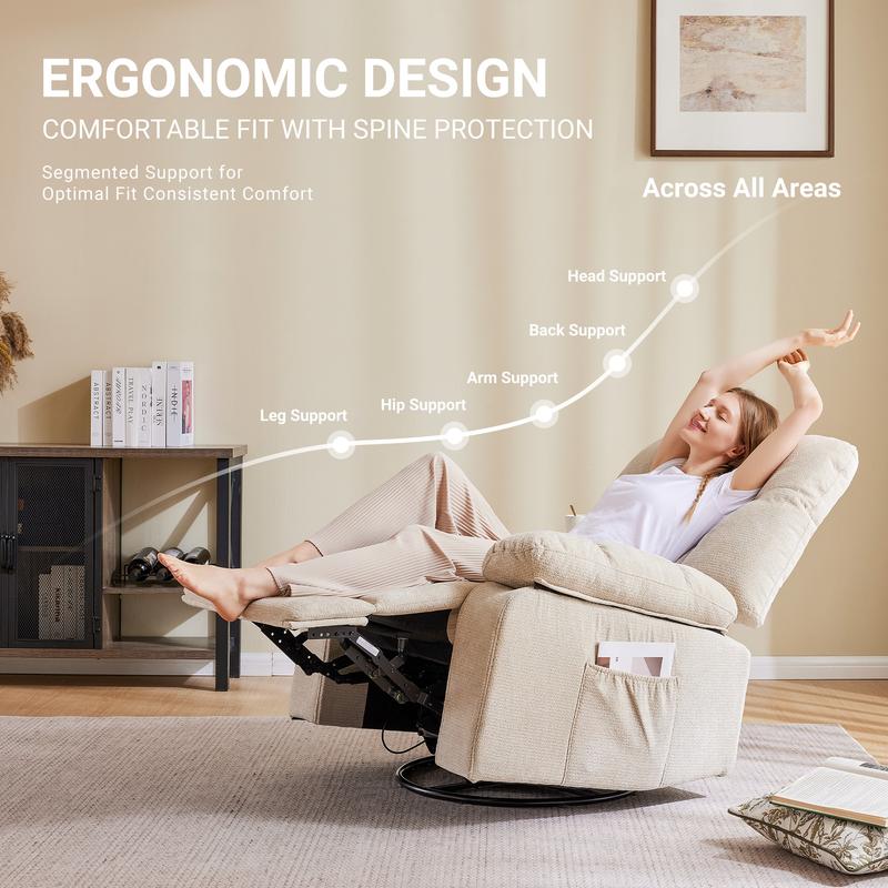 Sillón reclinable, giratorio y mecedora, de hierro resistente y estilo clásico; cuenta con rotación de 270°, tapizado en tela tipo chenilla, masaje por vibración, calefacción lumbar, reposapiés y temporizador; ideal para sala de estar y dormitorio.