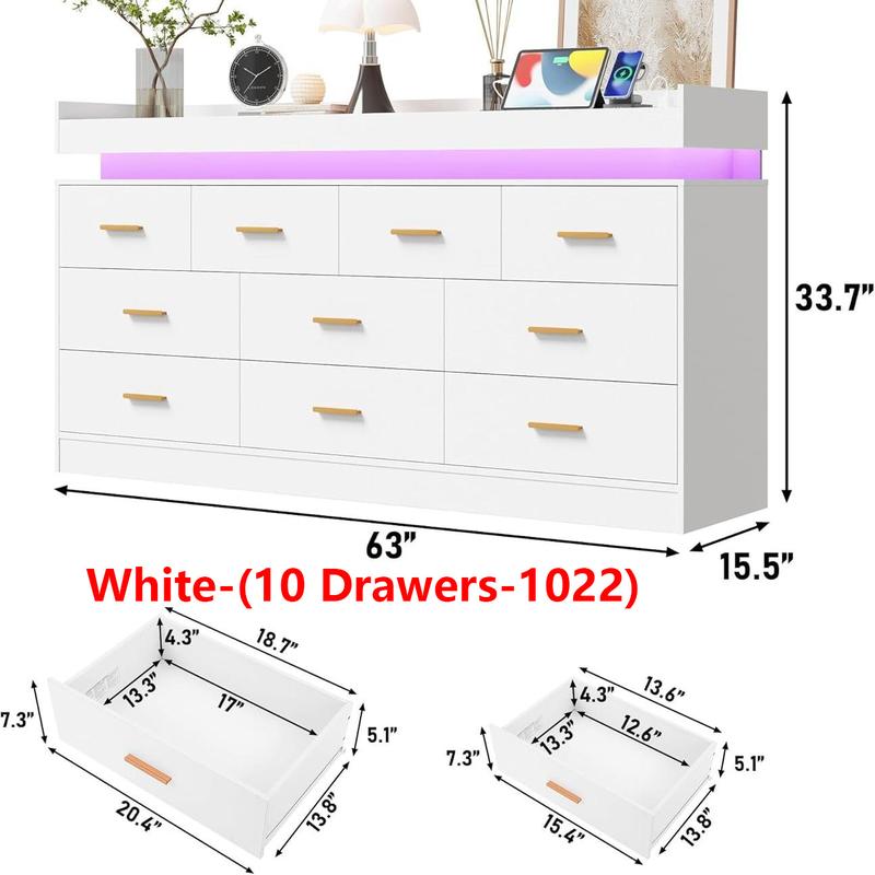 Cómoda con luz LED y estación de carga, mueble con cajones de estilo moderno para armario, organizador de cajones amplio para dormitorio, sala de estar, entrada o pasillo
