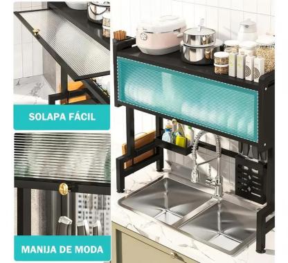 Escurridor de platos con solapa para sobre el fregadero, extensible, para encimera, con cubertero y escurridor, ahorra espacio. Organizador de platos de 3 niveles, cubertero, cesta, tabla de cortar, 6 ganchos (85 x 30 x 80 cm)