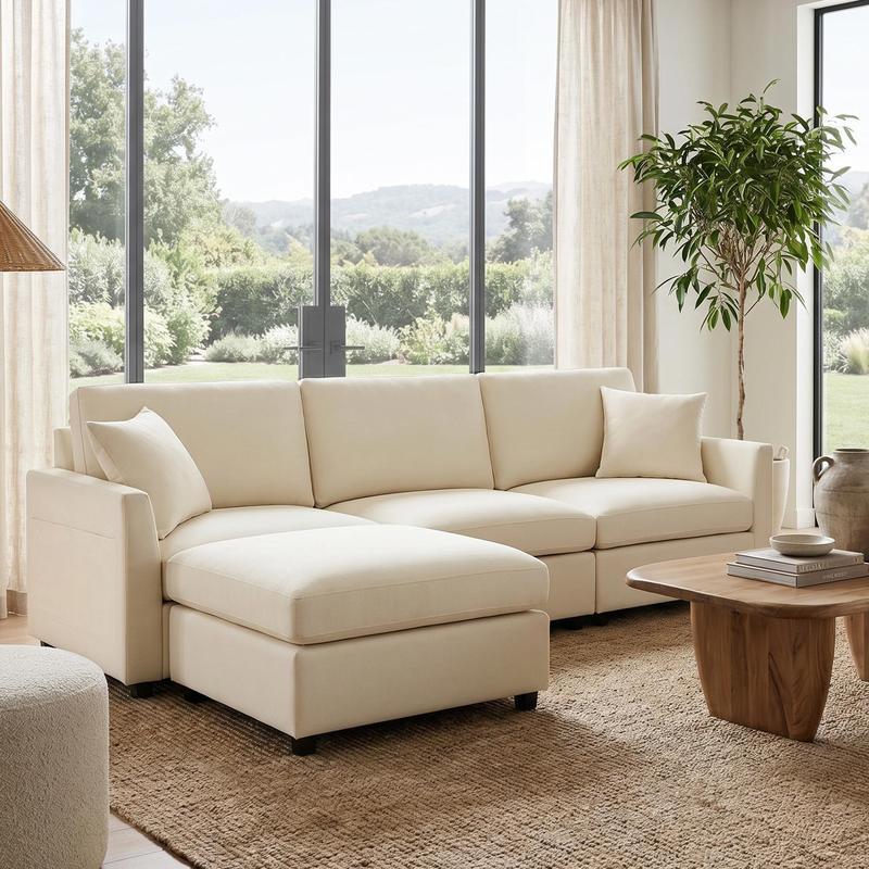 Conjunto de sofá modular en forma de L estilo «nube» – Sofá seccional de chenilla con otomana, cojines con muelles ensacados, diseño reconfigurable, tejido resistente a la formación de bolitas; mueble de salón moderno en color beige con asientos profundos