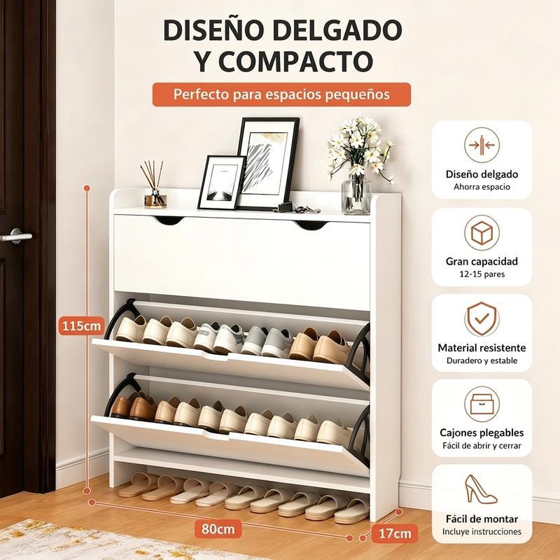 Organizador de Zapatero de Madera con 3 Cajones Plegables, Armario Moderno y Delgado para 12-15 Pares, Almacenamiento Minimalista para Entrada, Dormitorio o Pasillo, 80x17x115cm (Arce)