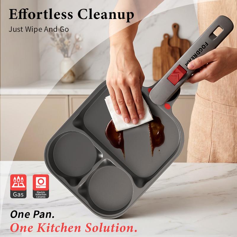 Sartén híbrida 3 en 1 FOGDREAM, ultra antiadherente, con mango giratorio de 360°, tapas de vidrio térmico y de micropresión; sartén profunda y alargada con divisiones, base de titanio, libre de PFOA, apta para horno y lavavajillas; utensilio de cocina que